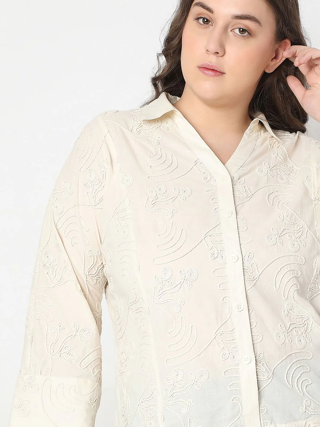 Curve Off-White Cording Detail Cotton Shirt - Image 6
