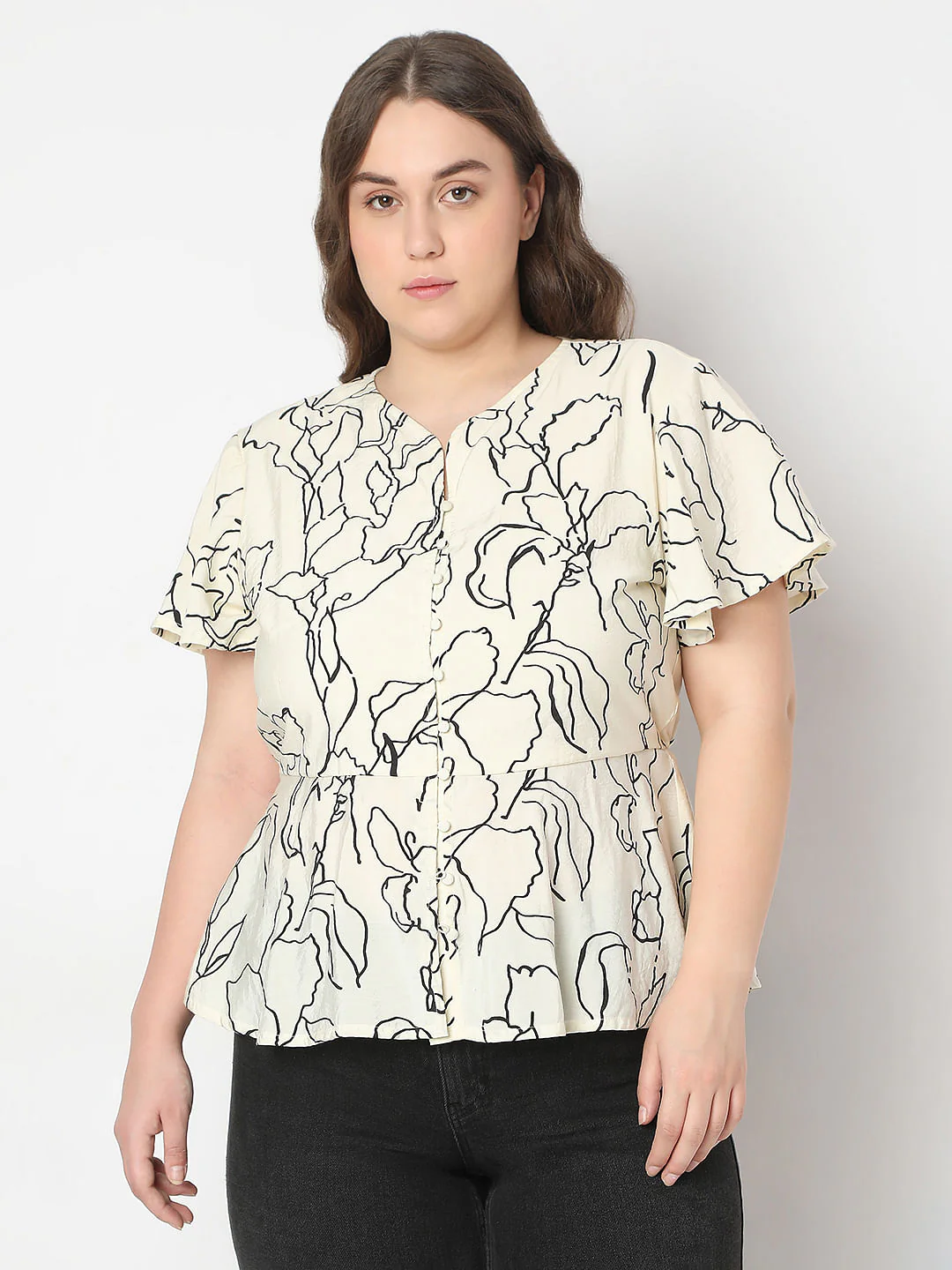 Curve Off-White Printed Peplum Top - Image 2