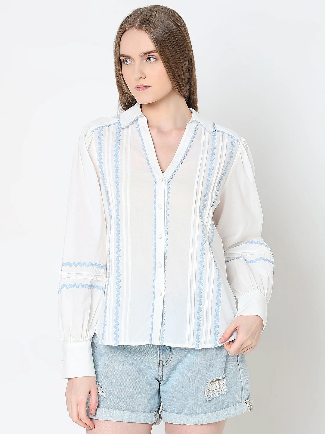 White Contrast Lace Cotton Shirt - Image 2