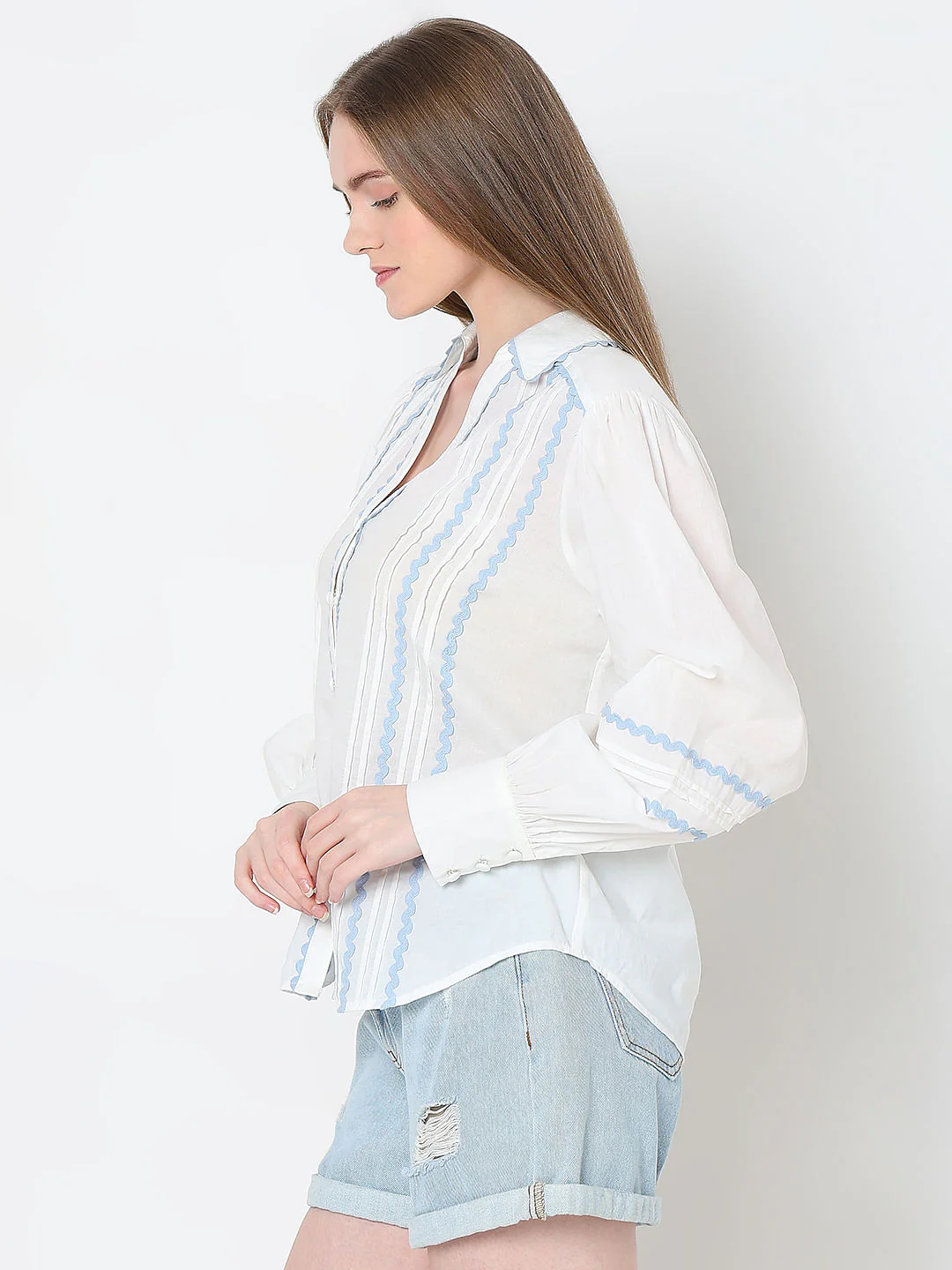 White Contrast Lace Cotton Shirt - Image 3