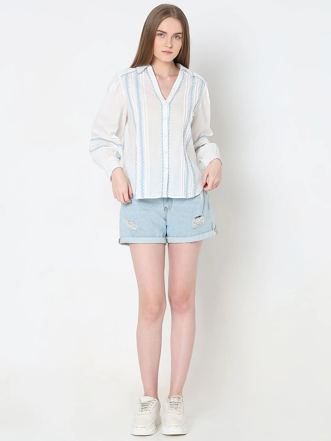 White Contrast Lace Cotton Shirt - Image 5
