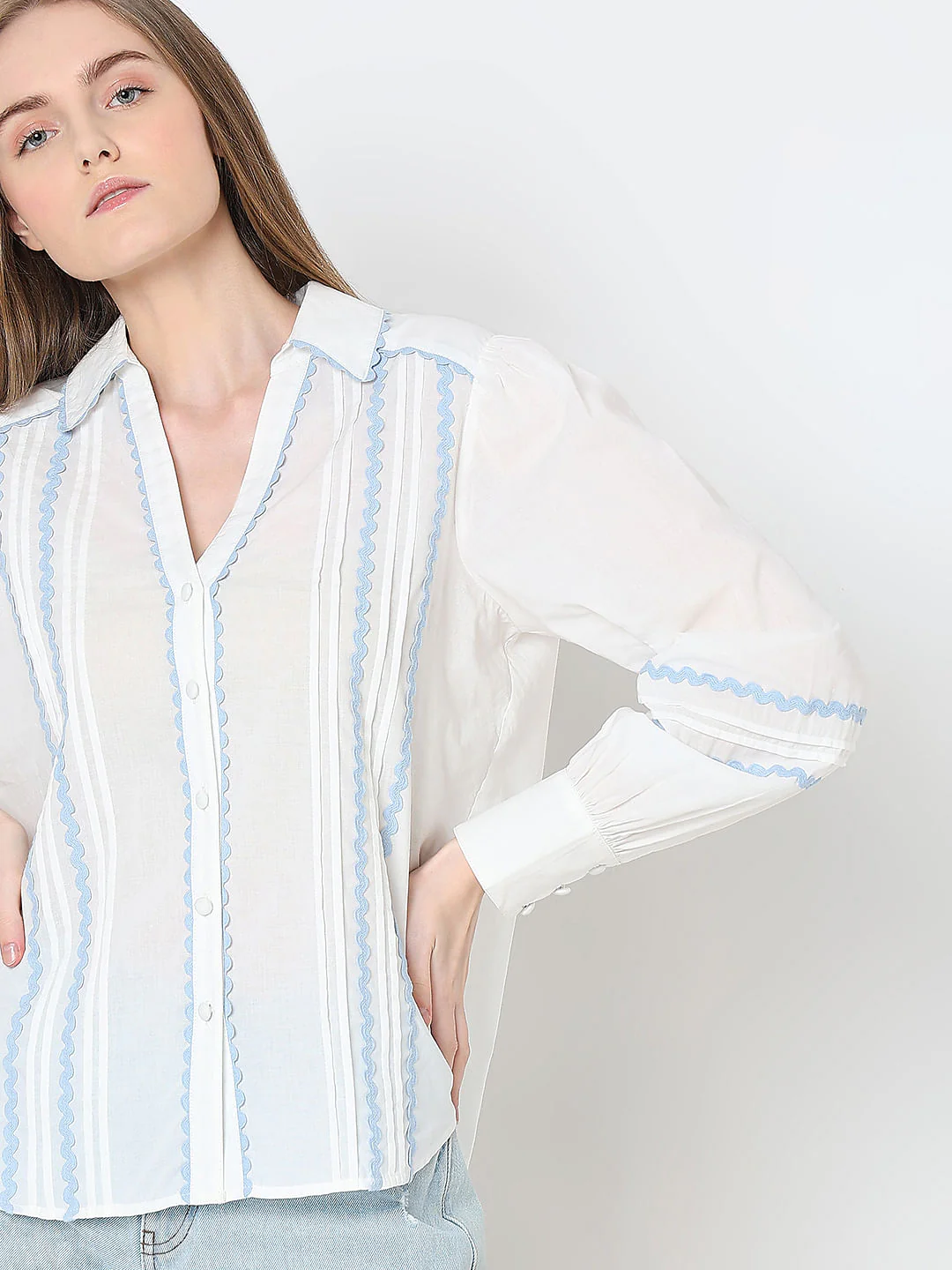 White Contrast Lace Cotton Shirt - Image 6