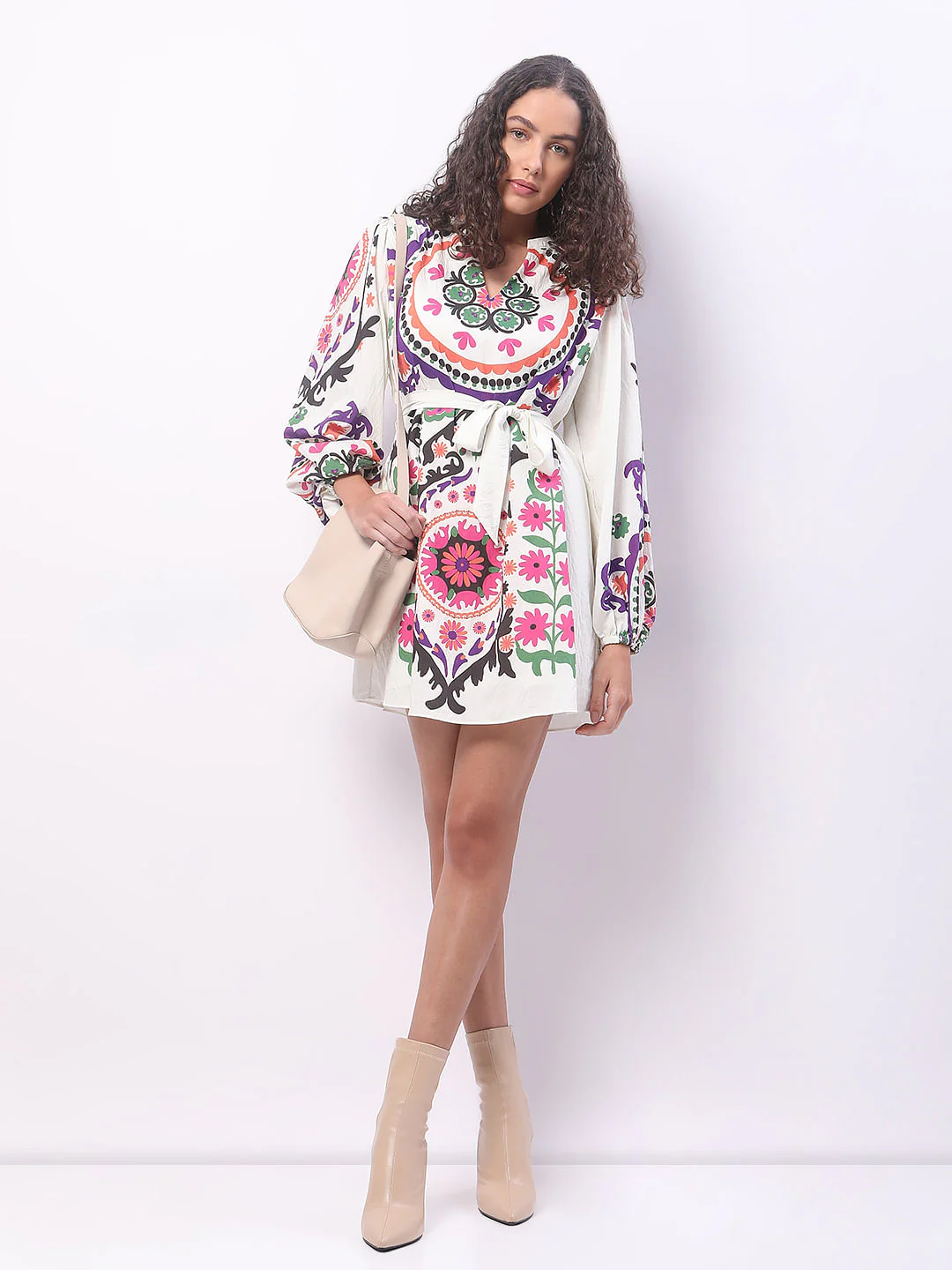 Beige Floral Print Short Dress