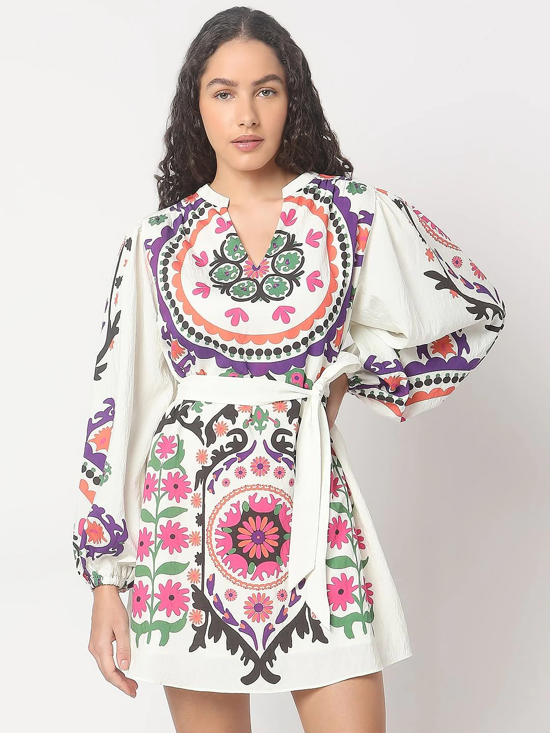 Beige Floral Print Short Dress - Image 2