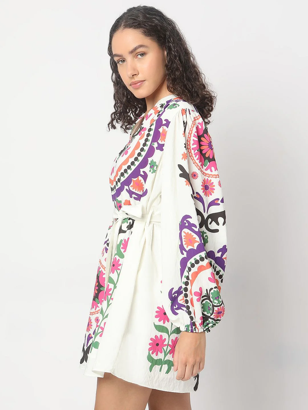 Beige Floral Print Short Dress - Image 3