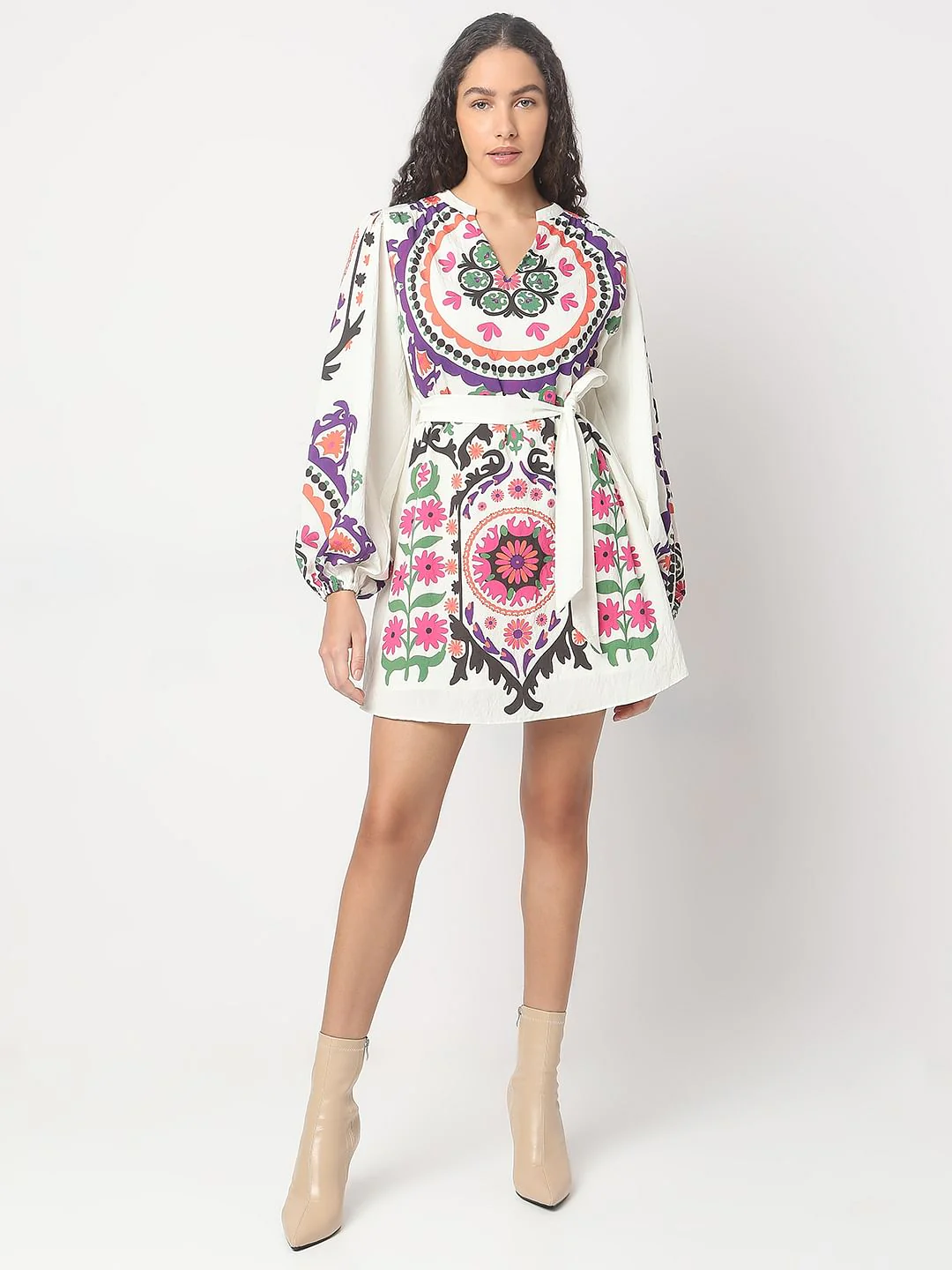 Beige Floral Print Short Dress - Image 5