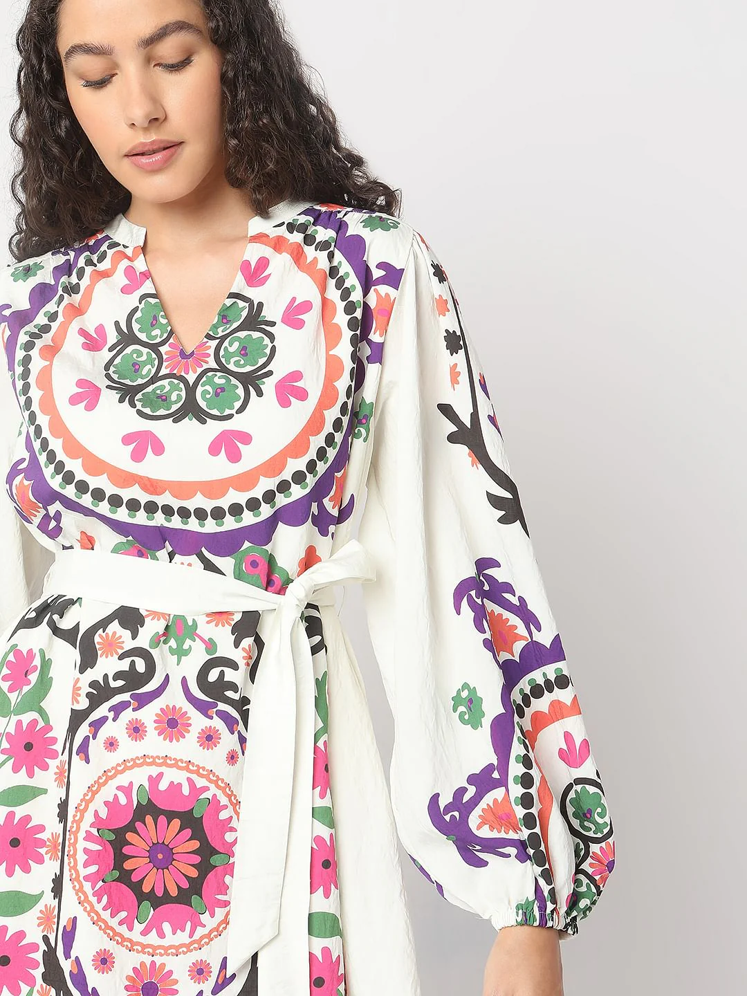 Beige Floral Print Short Dress - Image 6