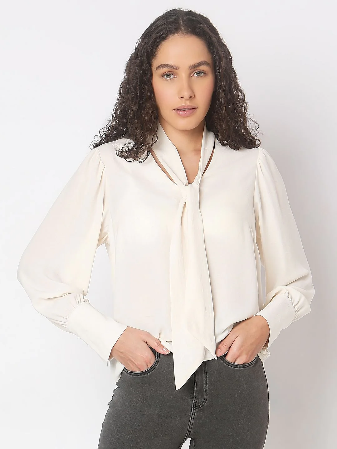 Beige Long Sleeve Bow Tie-Up Top - Image 2
