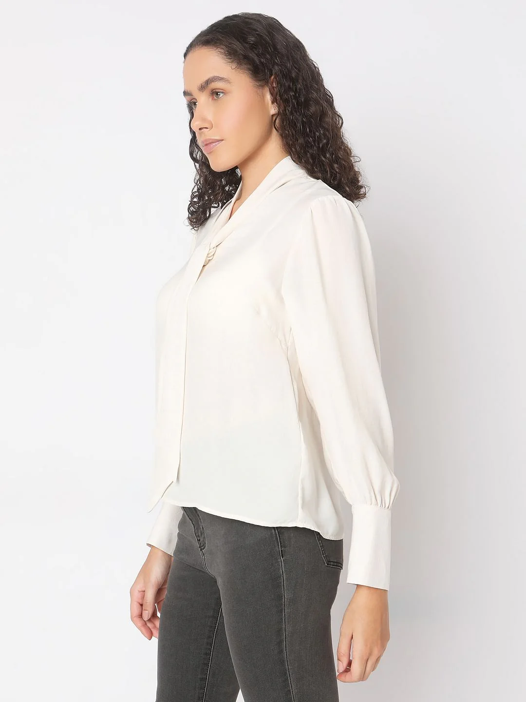 Beige Long Sleeve Bow Tie-Up Top - Image 3