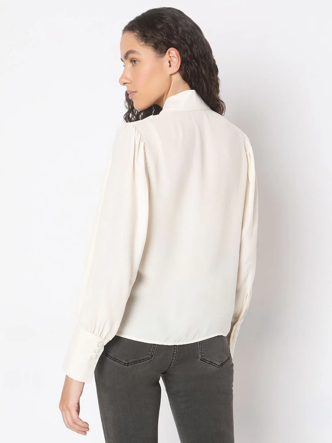Beige Long Sleeve Bow Tie-Up Top - Image 4