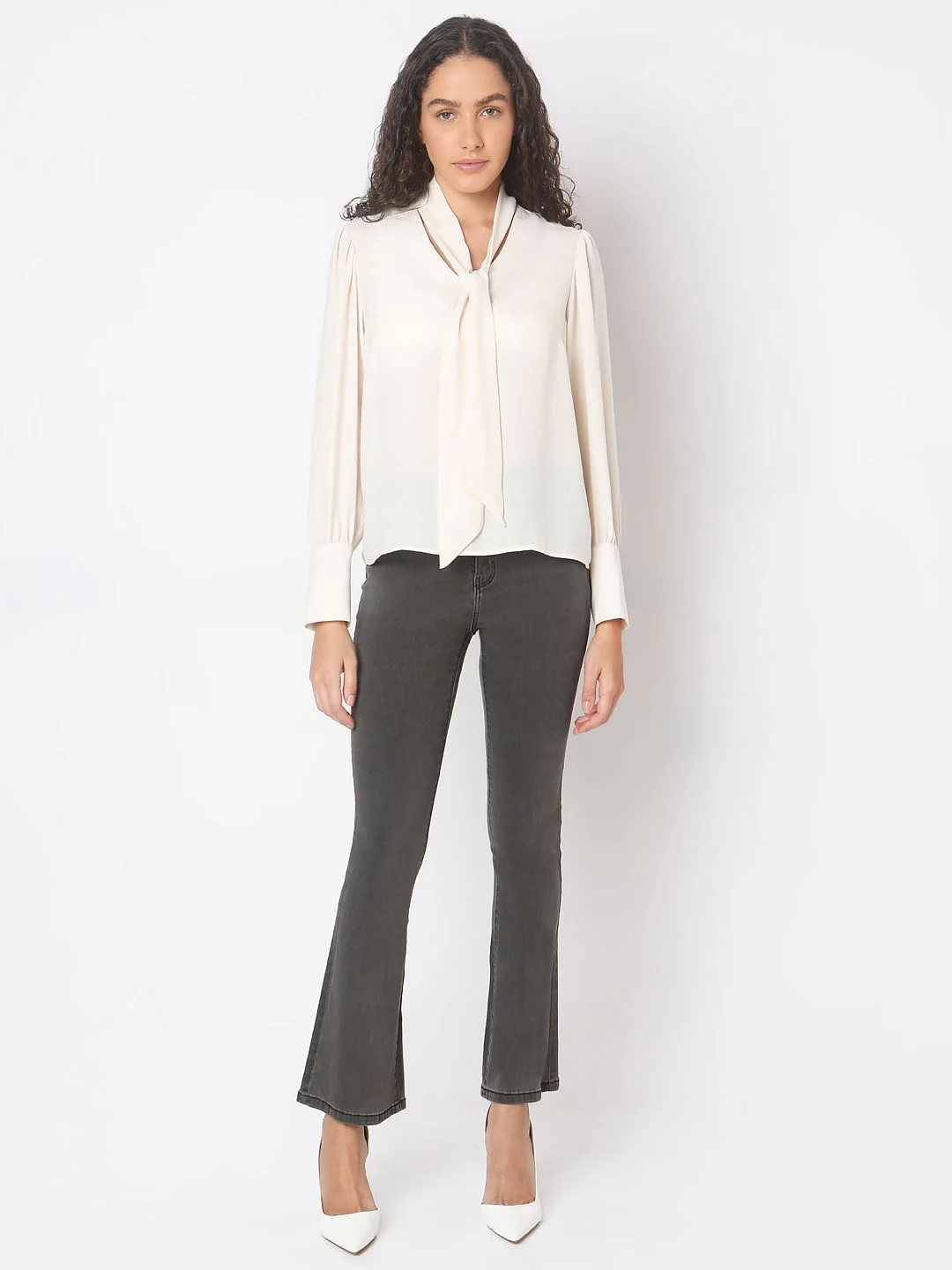 Beige Long Sleeve Bow Tie-Up Top - Image 5