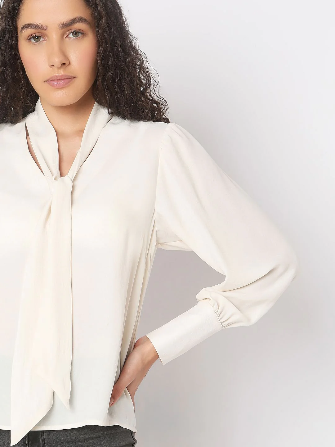 Beige Long Sleeve Bow Tie-Up Top - Image 6