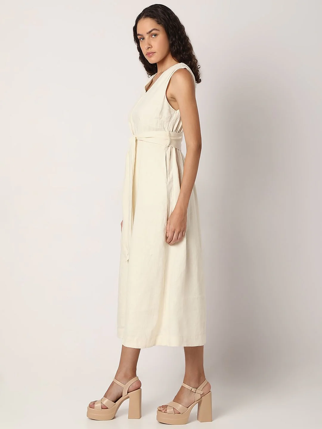 Off-White Linen Midi Dress - Image 3