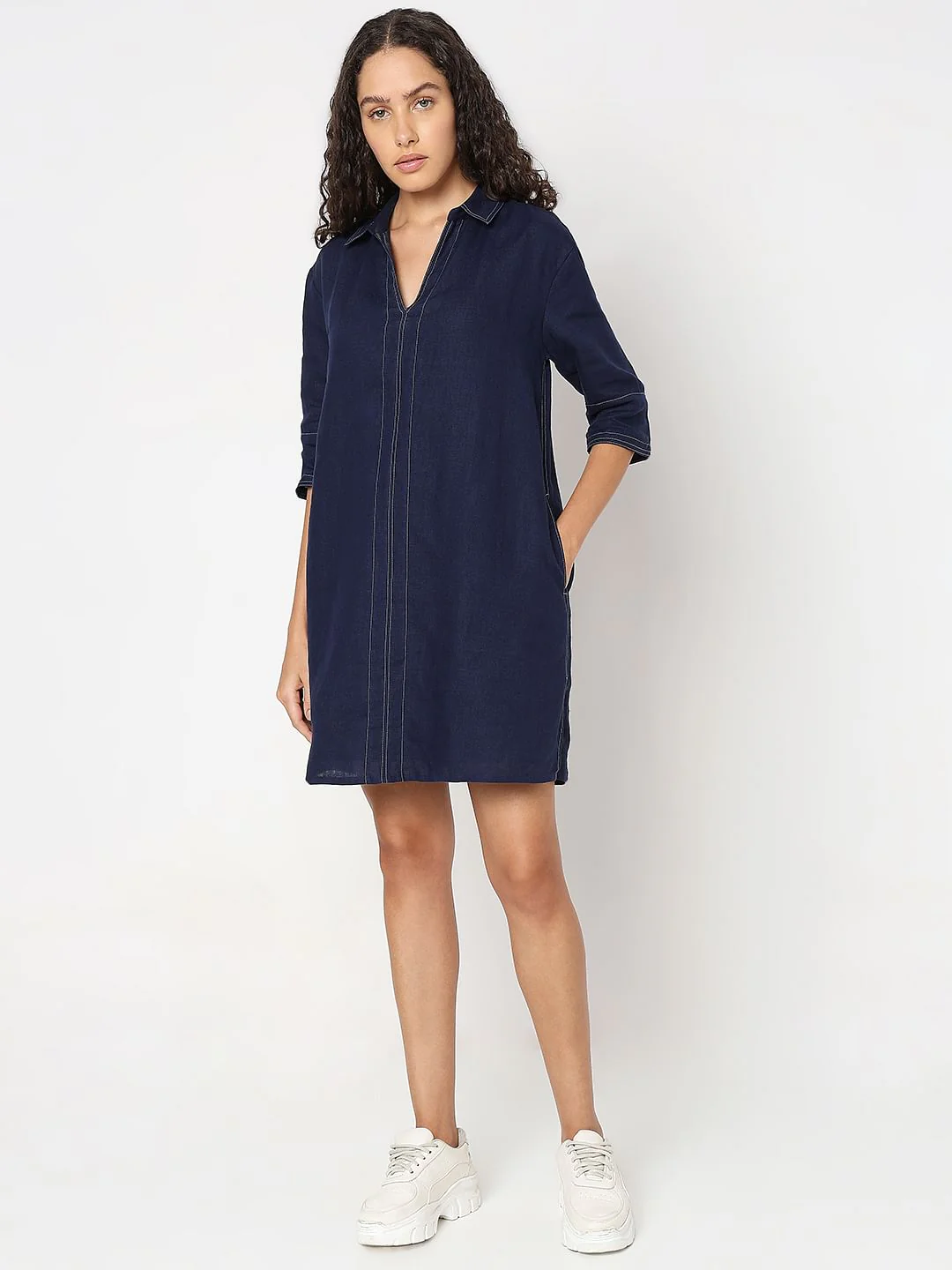 Blue V-Neck Shift Dress - Image 5
