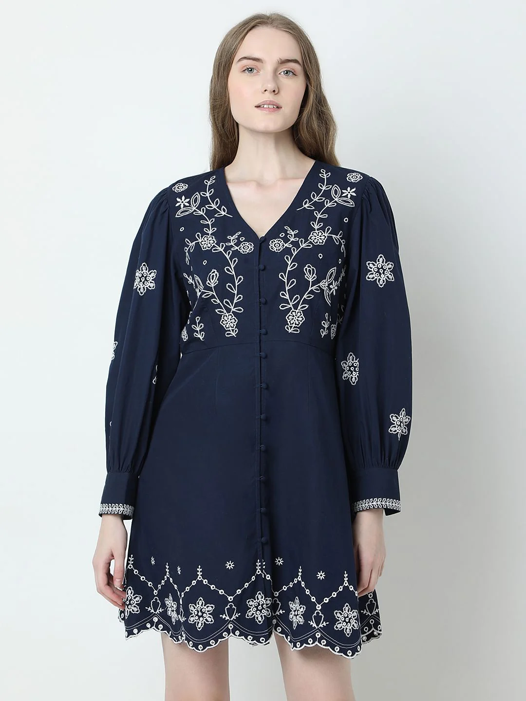 Dark Blue Embroidered Fit & Flare Dress - Image 2
