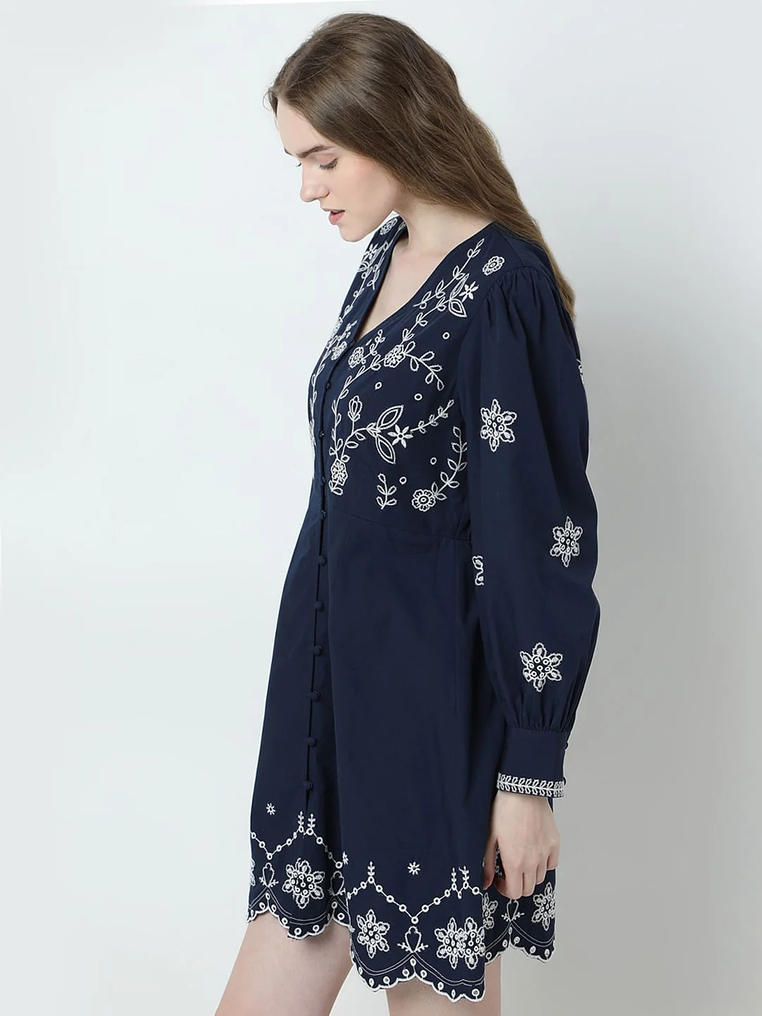 Dark Blue Embroidered Fit & Flare Dress - Image 3