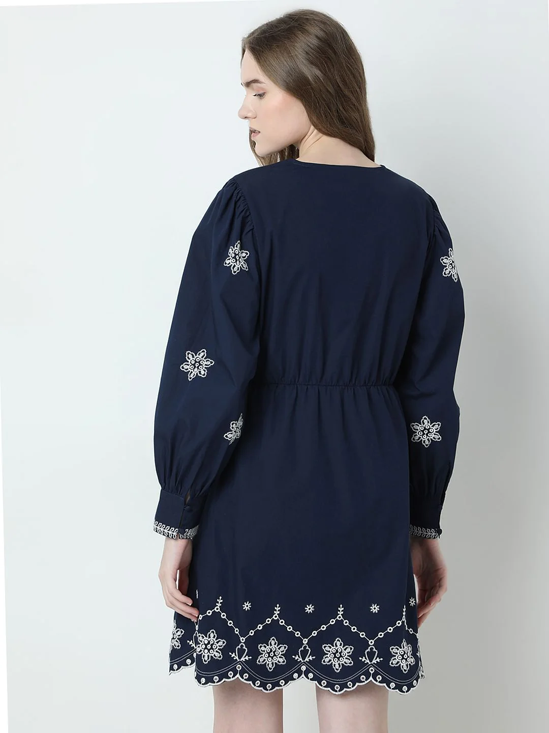 Dark Blue Embroidered Fit & Flare Dress - Image 4