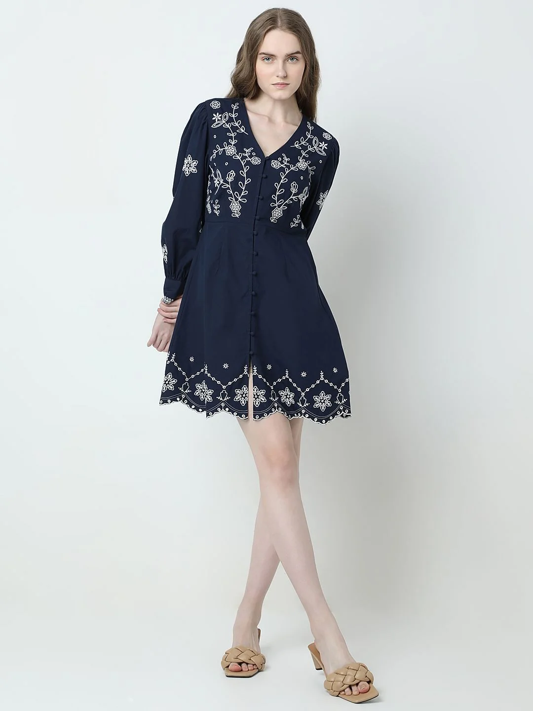 Dark Blue Embroidered Fit & Flare Dress - Image 5