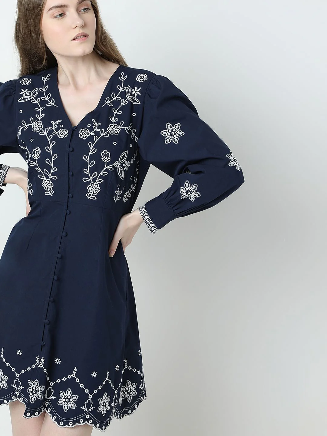 Dark Blue Embroidered Fit & Flare Dress - Image 6