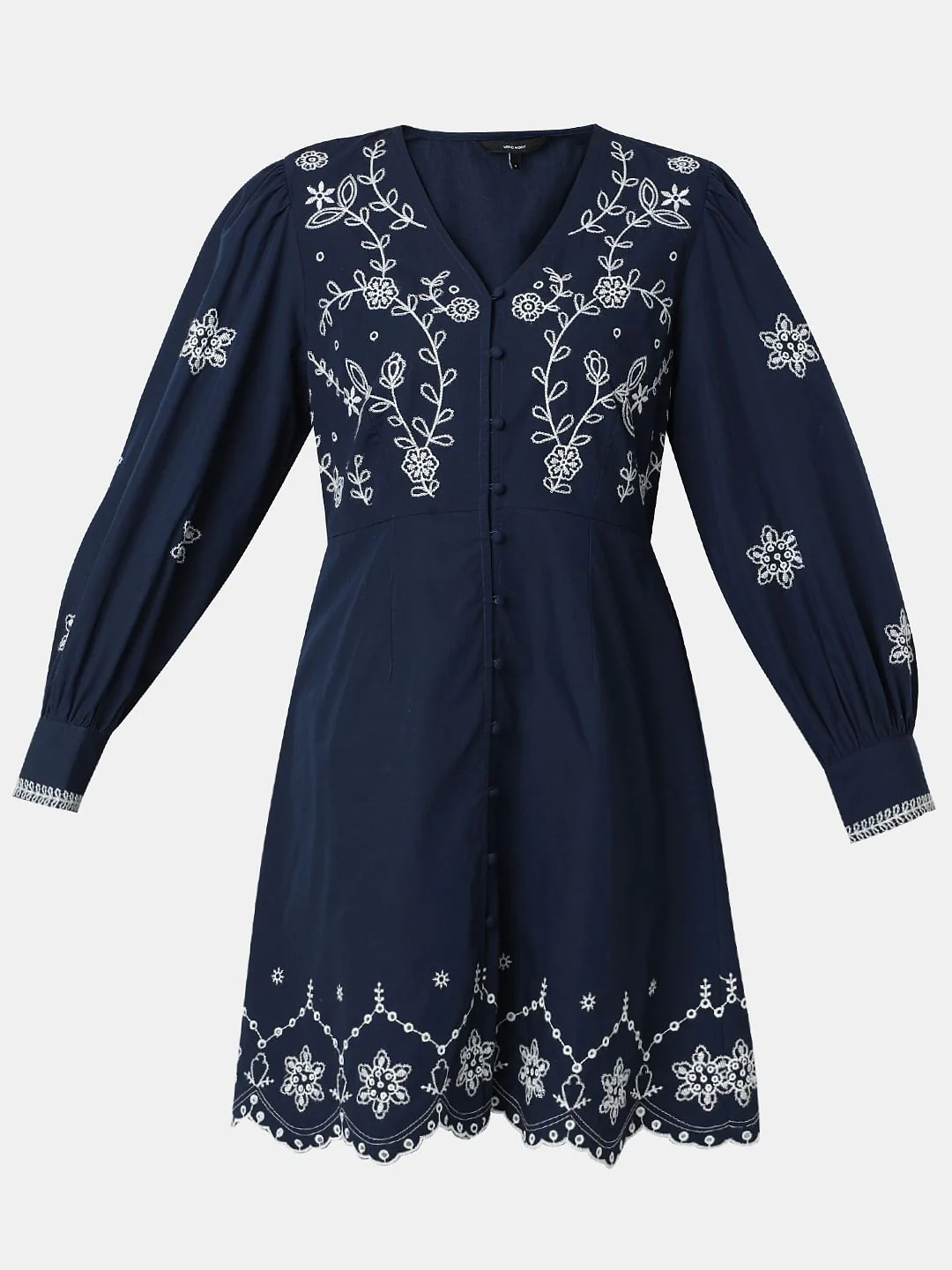 Dark Blue Embroidered Fit & Flare Dress - Image 7