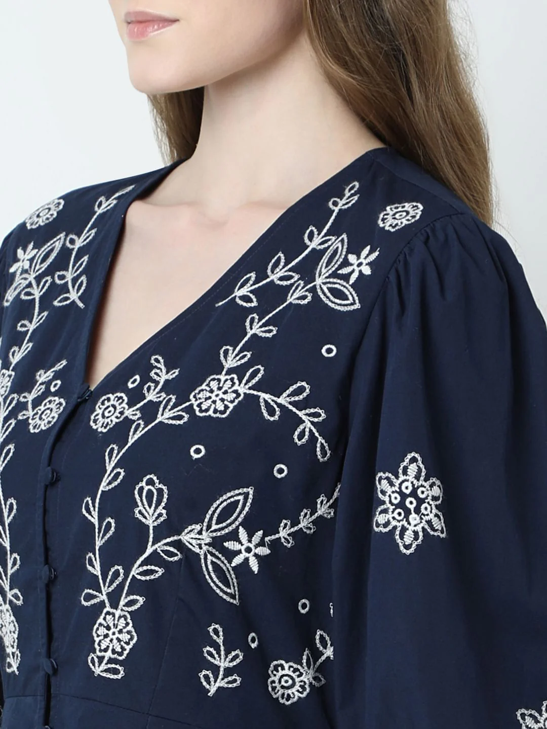 Dark Blue Embroidered Fit & Flare Dress - Image 8