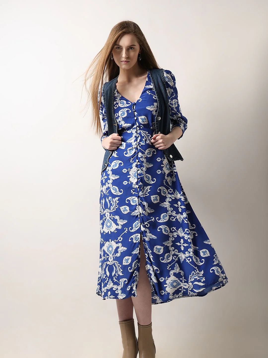 Dark Blue Printed Midi Dress