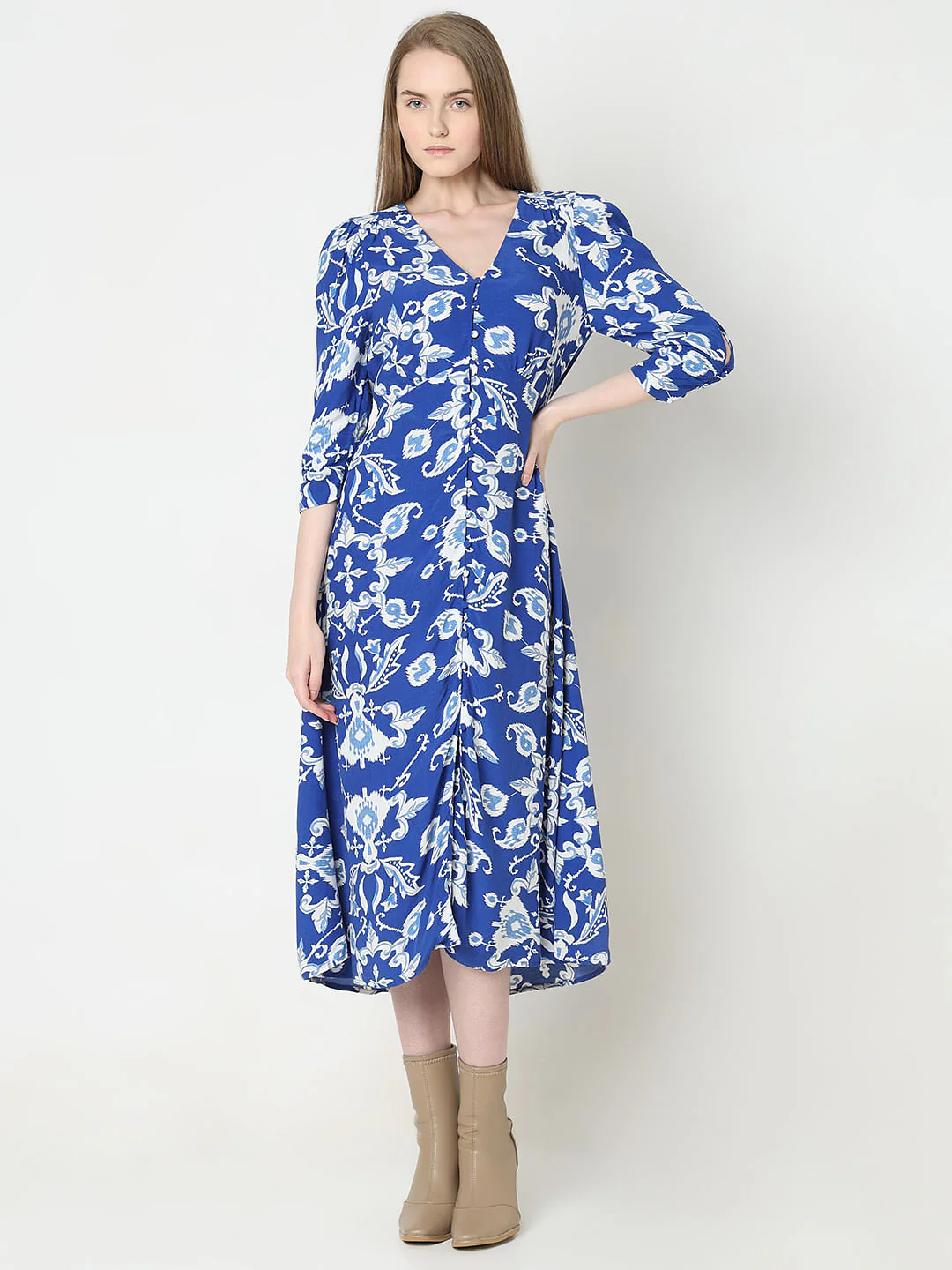 Dark Blue Printed Midi Dress - Image 2