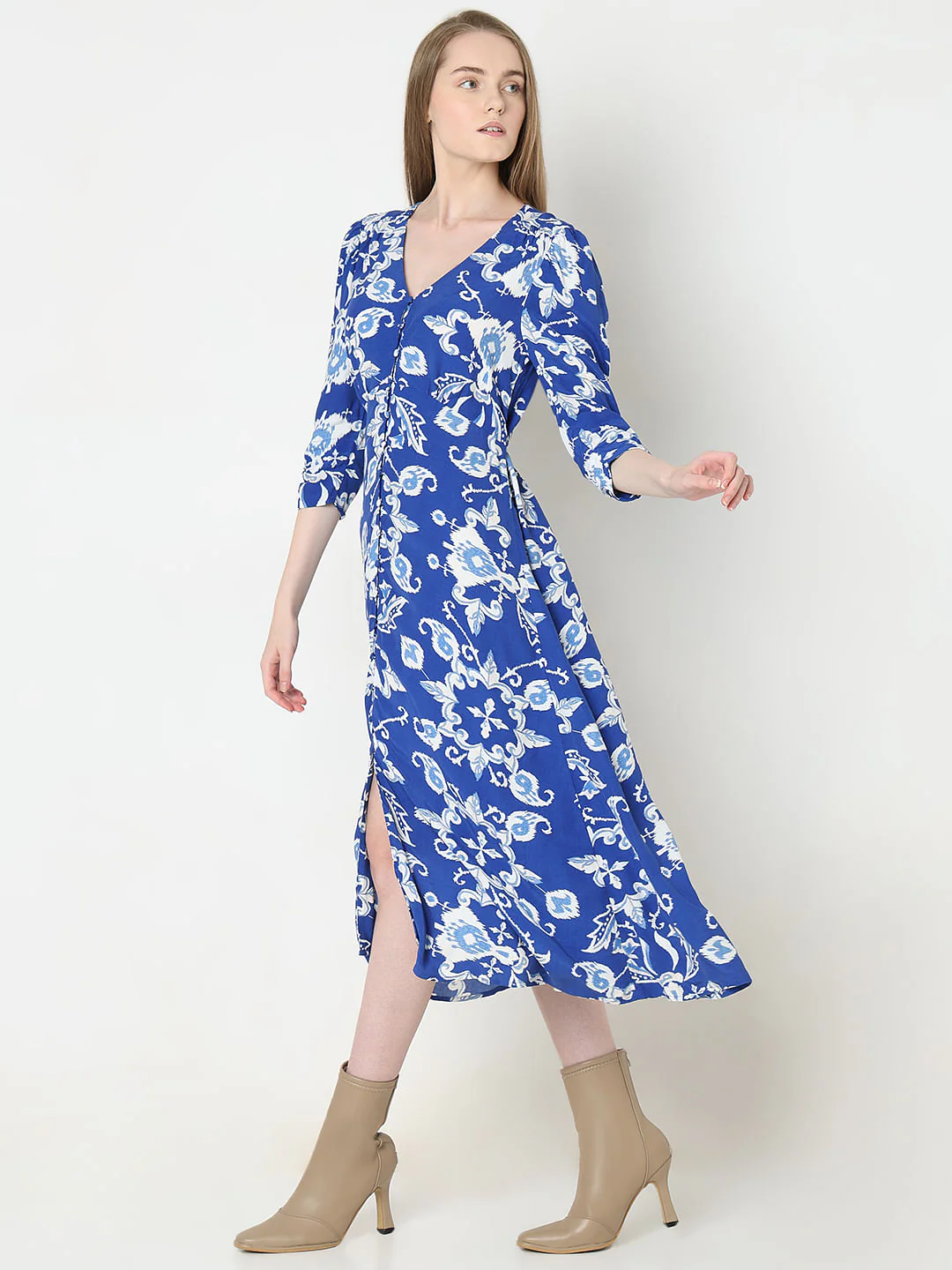 Dark Blue Printed Midi Dress - Image 3