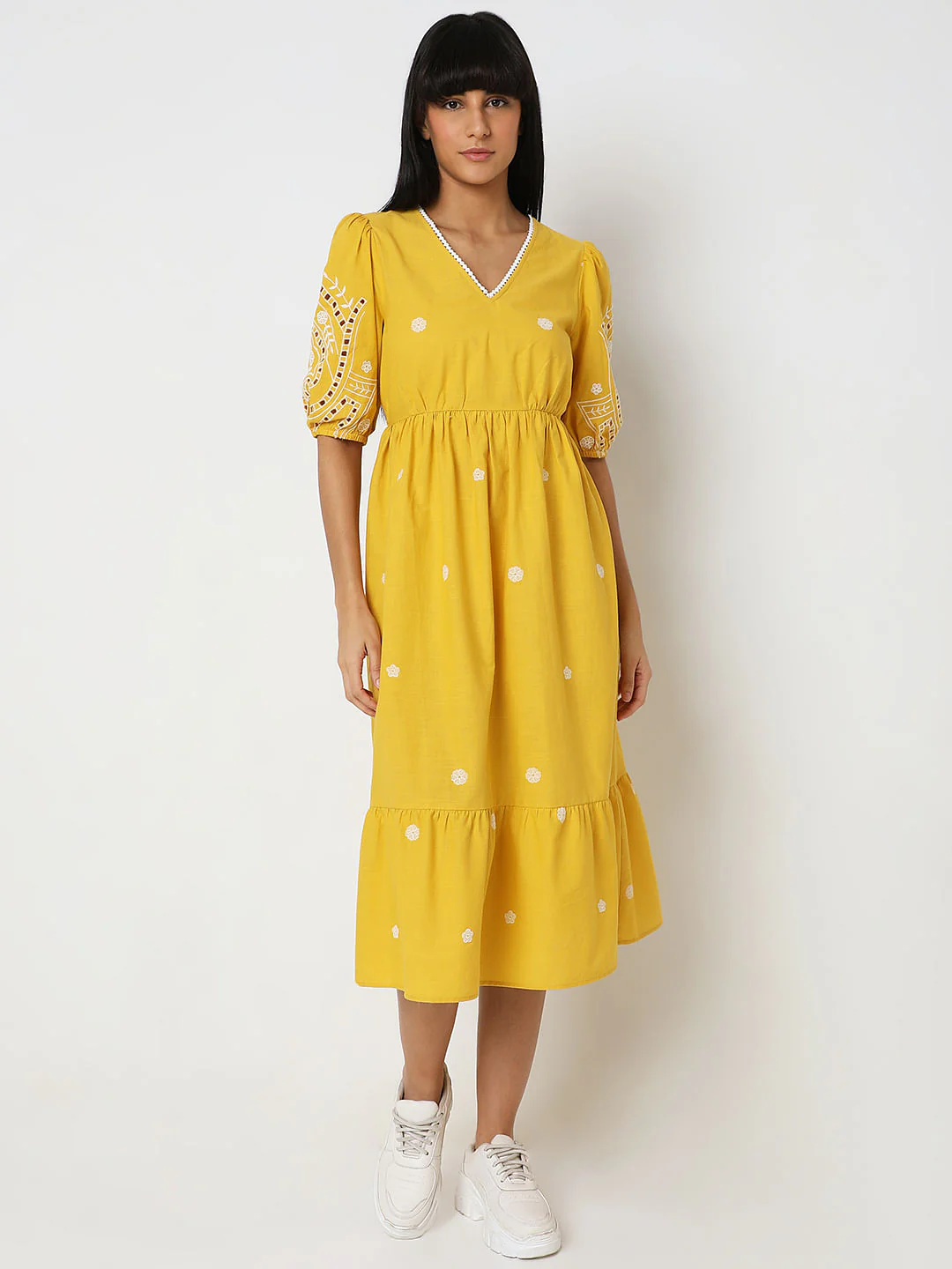 Yellow Embroidered Cotton Midi Dress - Image 2