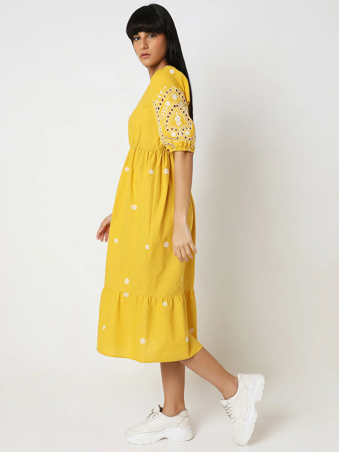Yellow Embroidered Cotton Midi Dress - Image 3