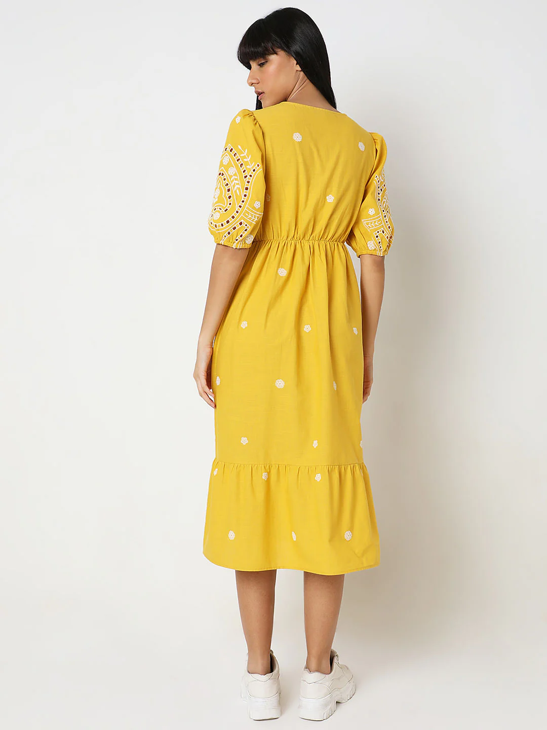 Yellow Embroidered Cotton Midi Dress - Image 4