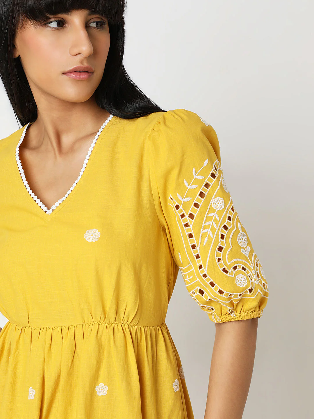 Yellow Embroidered Cotton Midi Dress - Image 5