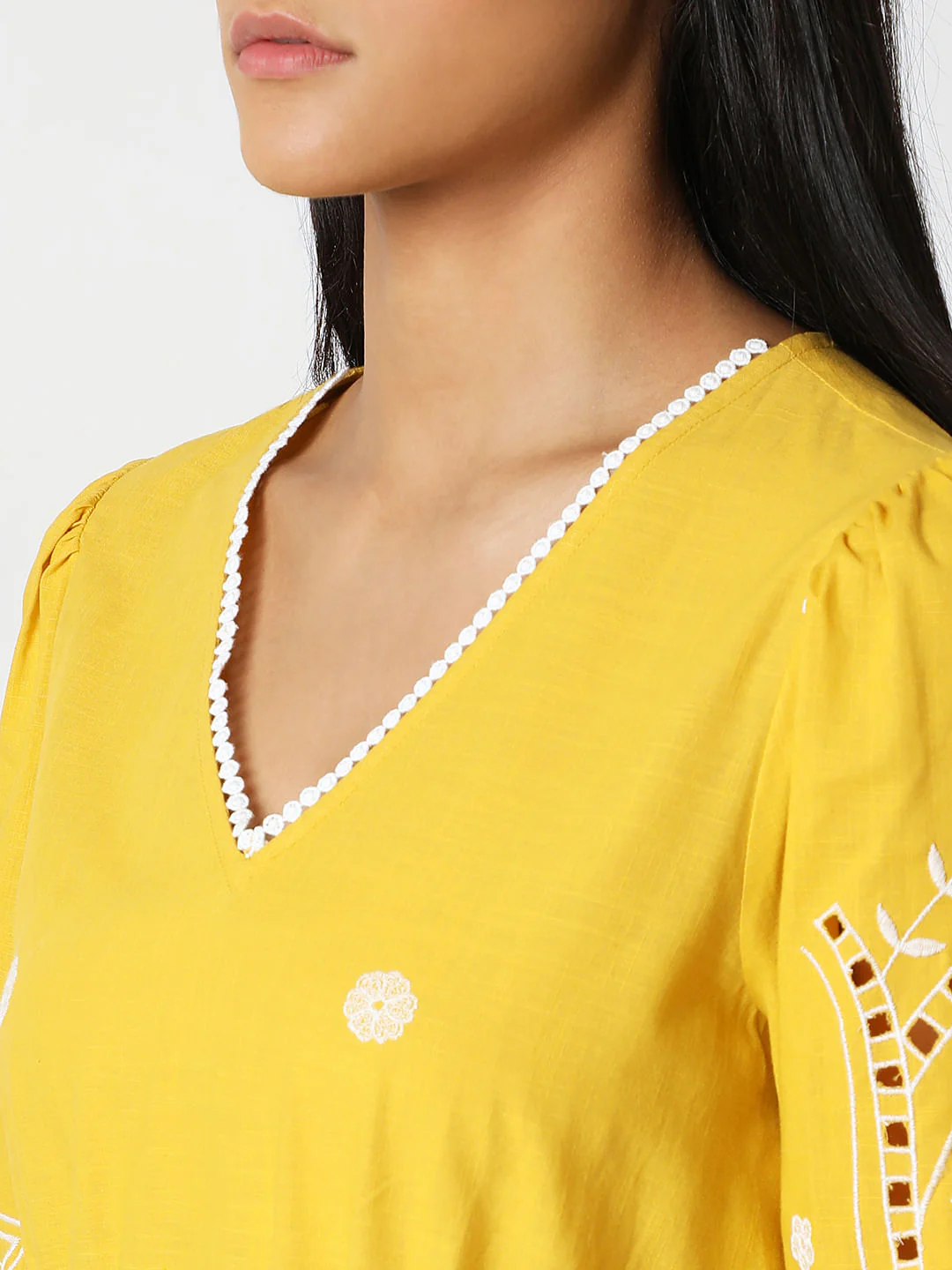 Yellow Embroidered Cotton Midi Dress - Image 6