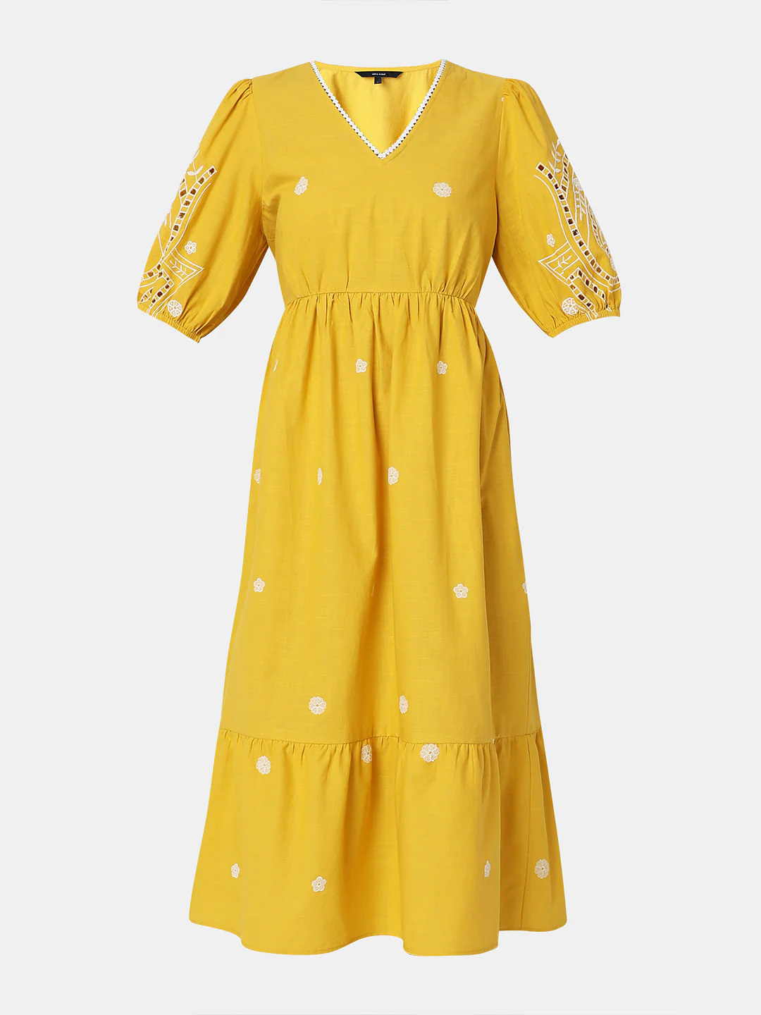 Yellow Embroidered Cotton Midi Dress - Image 7