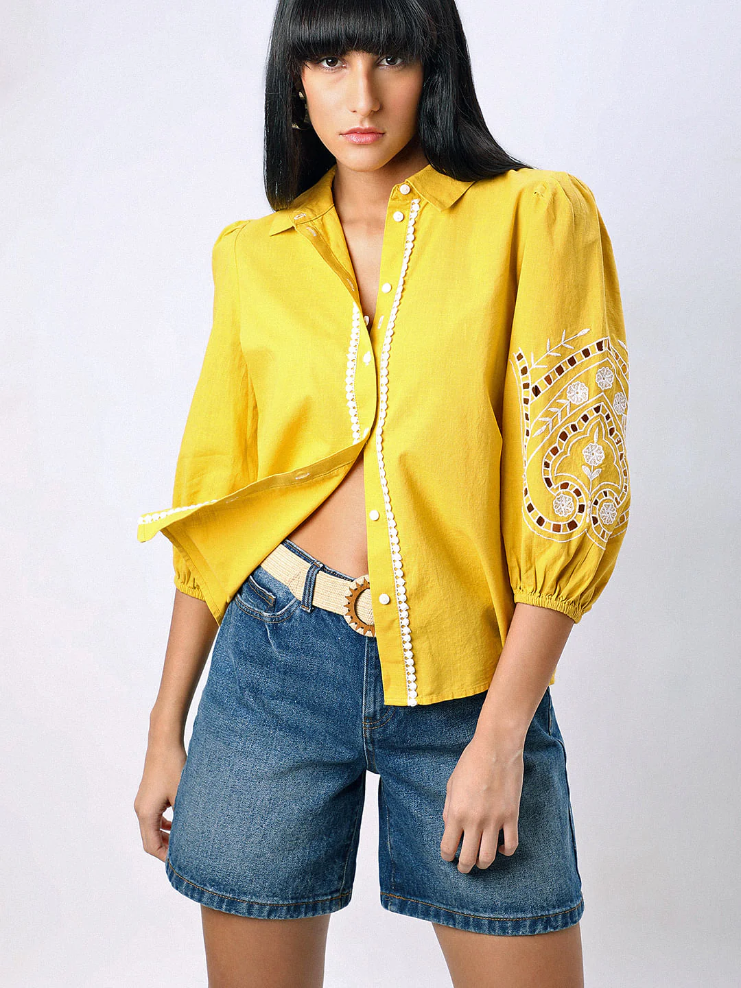 Yellow Embroidered Cotton Shirt