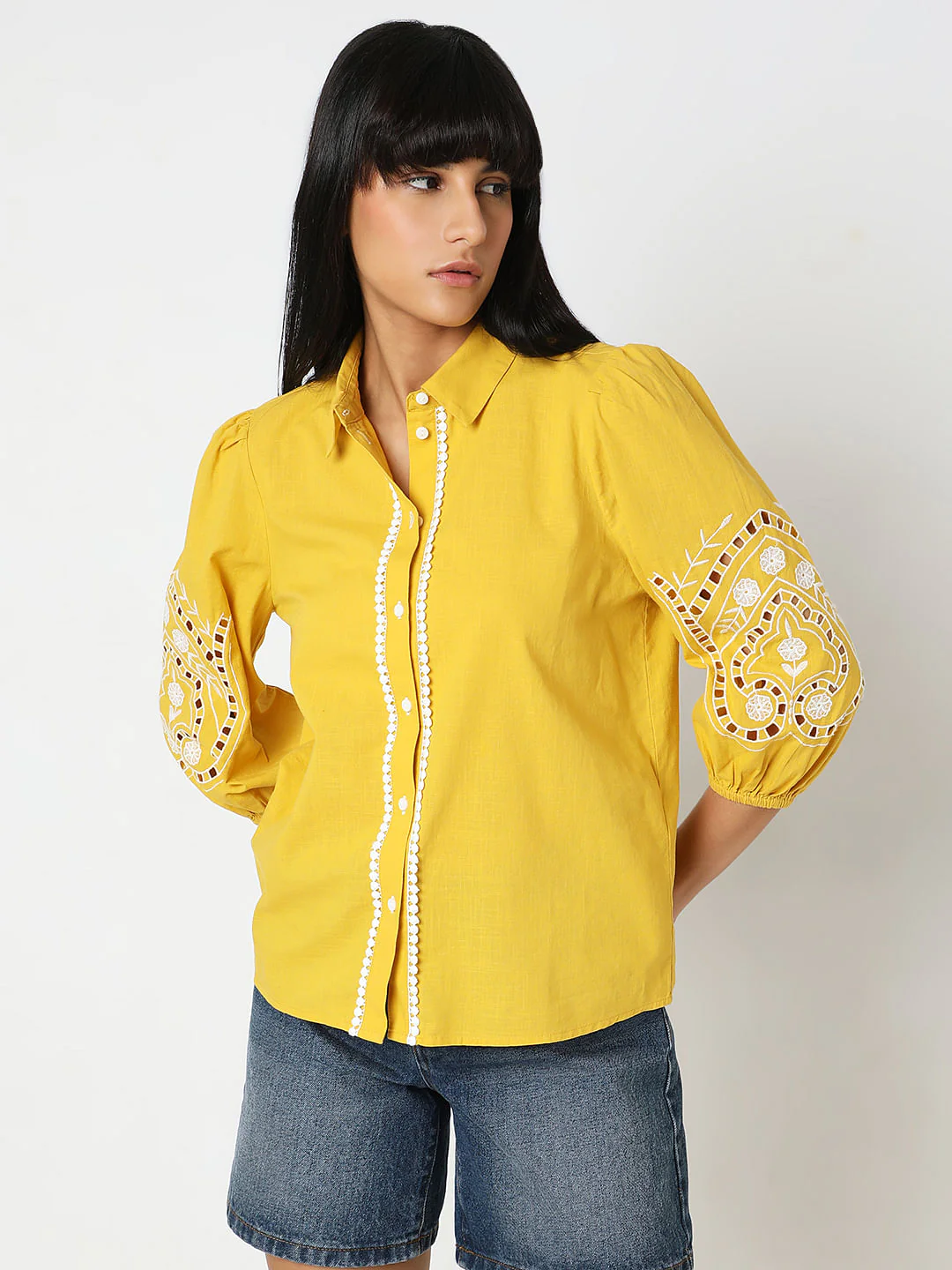 Yellow Embroidered Cotton Shirt - Image 2