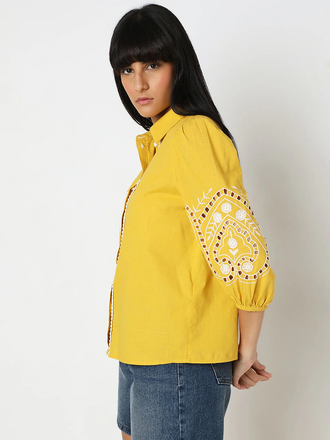 Yellow Embroidered Cotton Shirt - Image 3
