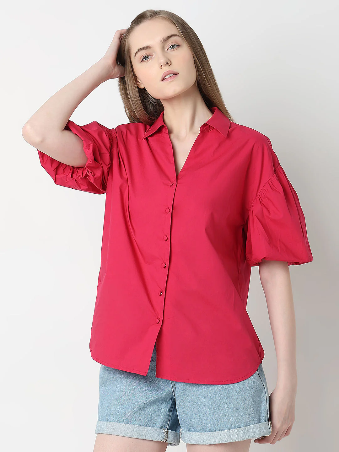 Red Puff Sleeves Cotton Shirt - Image 2