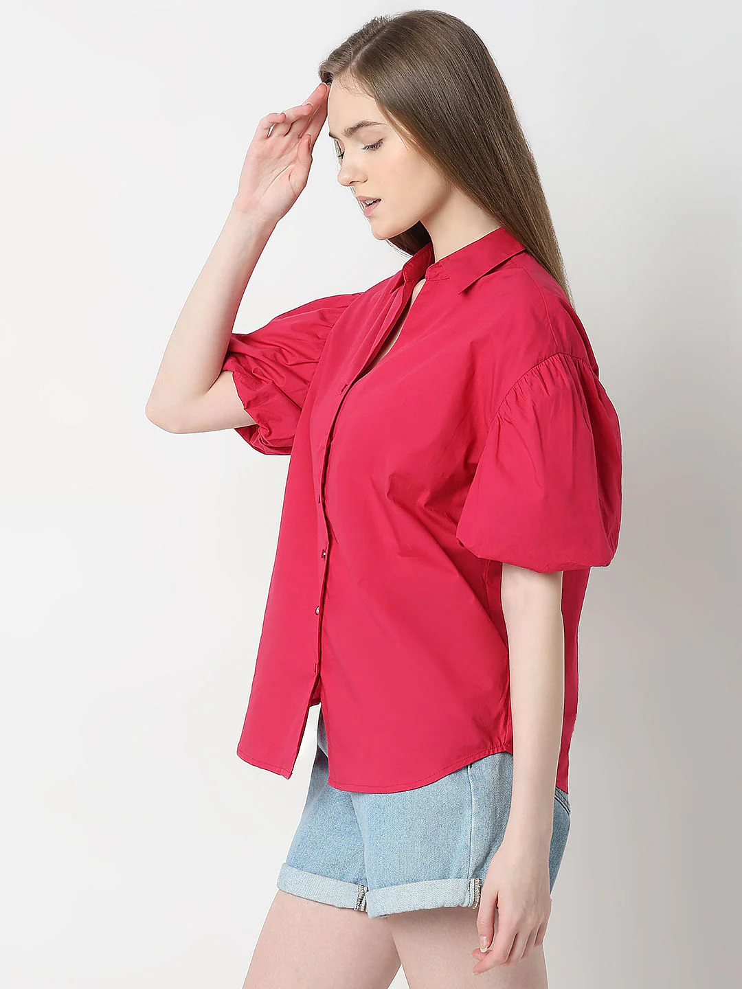 Red Puff Sleeves Cotton Shirt - Image 3