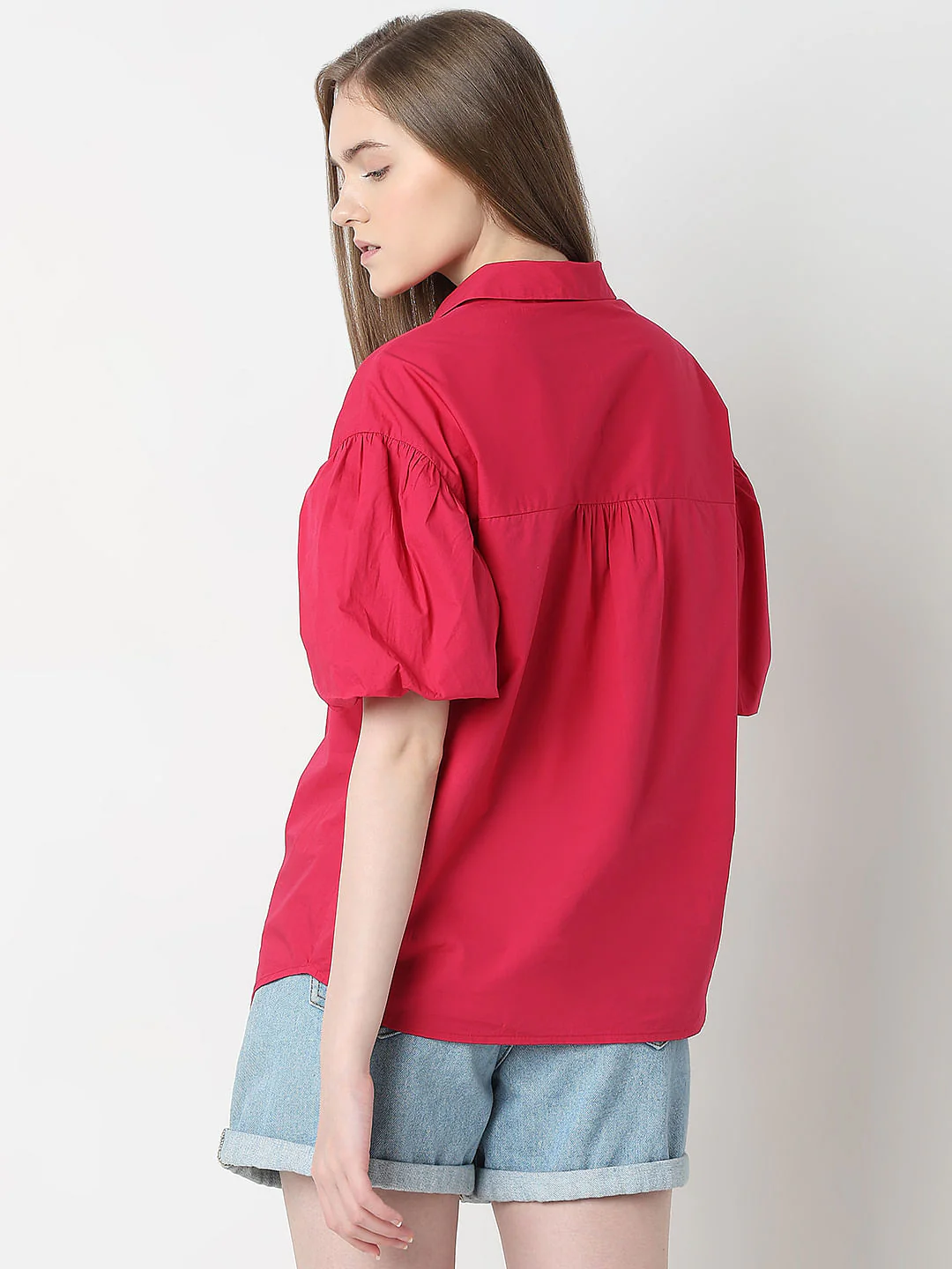 Red Puff Sleeves Cotton Shirt - Image 4