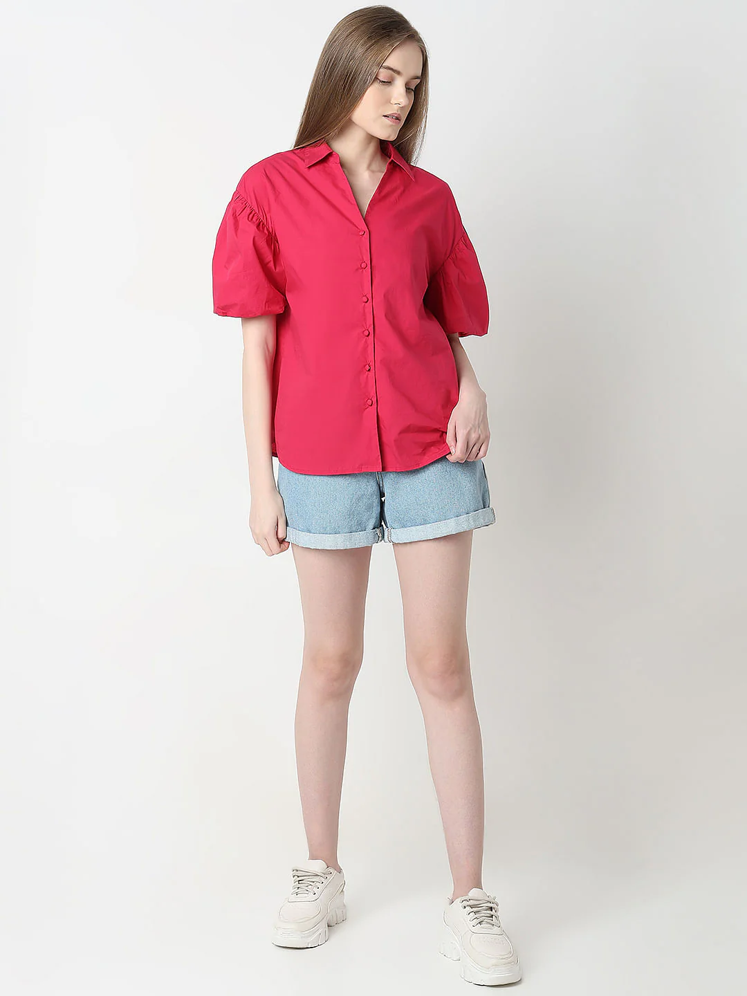 Red Puff Sleeves Cotton Shirt - Image 5