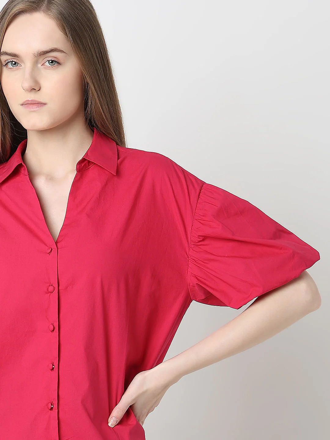 Red Puff Sleeves Cotton Shirt - Image 6