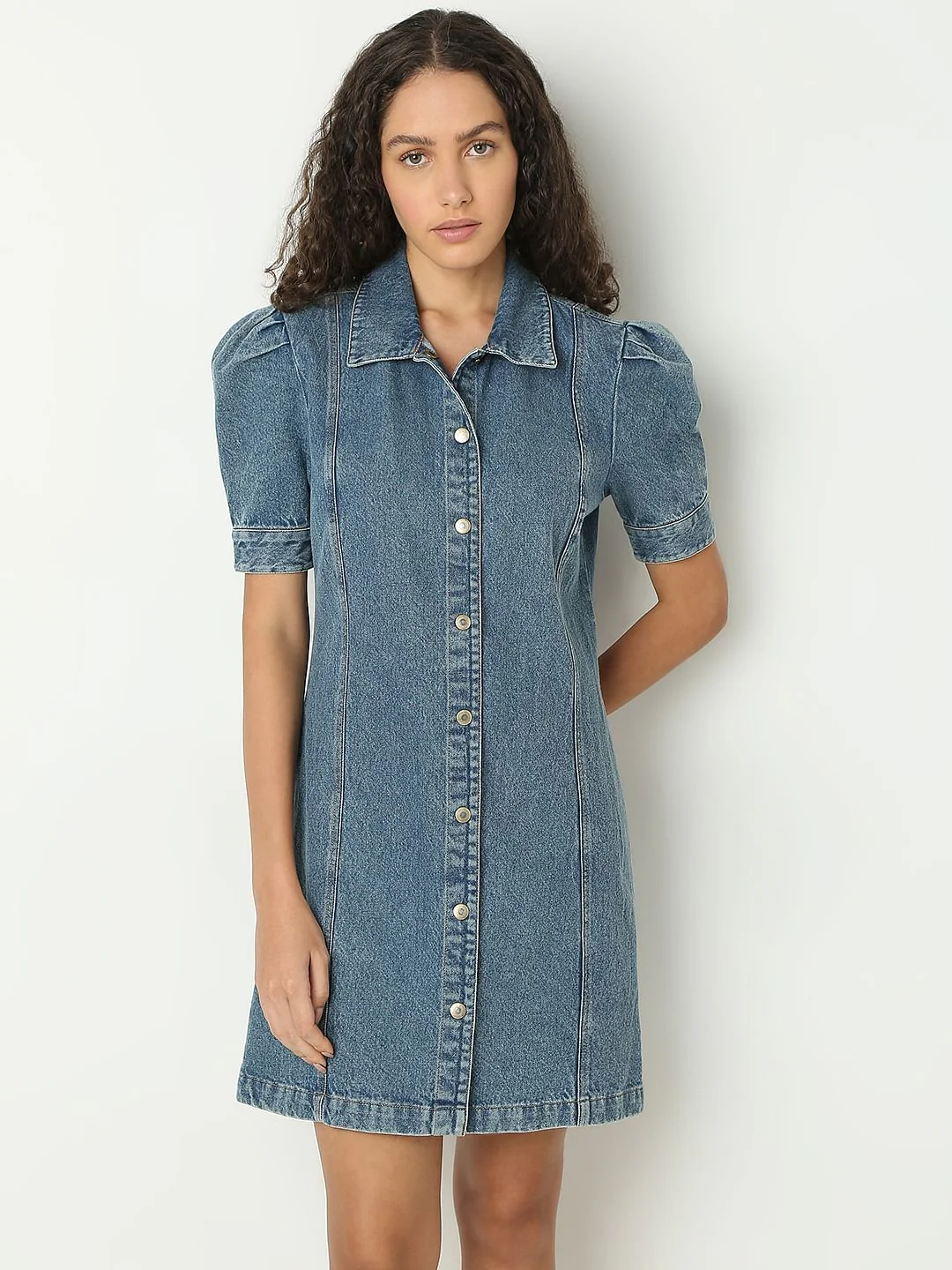 Blue Puffed Sleeves Denim Dress - Image 2