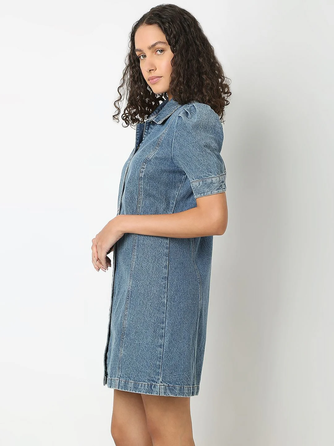 Blue Puffed Sleeves Denim Dress - Image 3