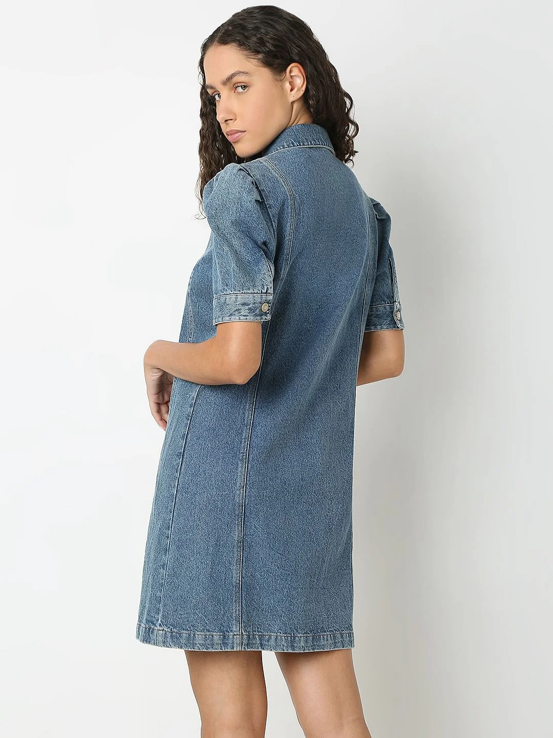 Blue Puffed Sleeves Denim Dress - Image 4