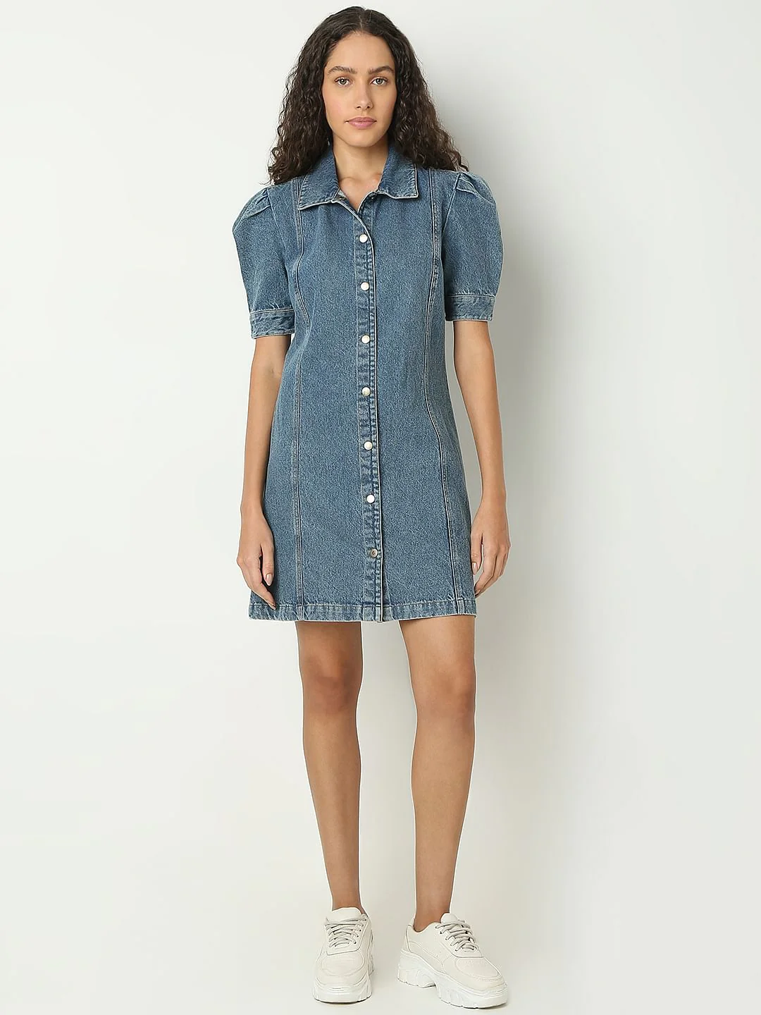 Blue Puffed Sleeves Denim Dress - Image 5