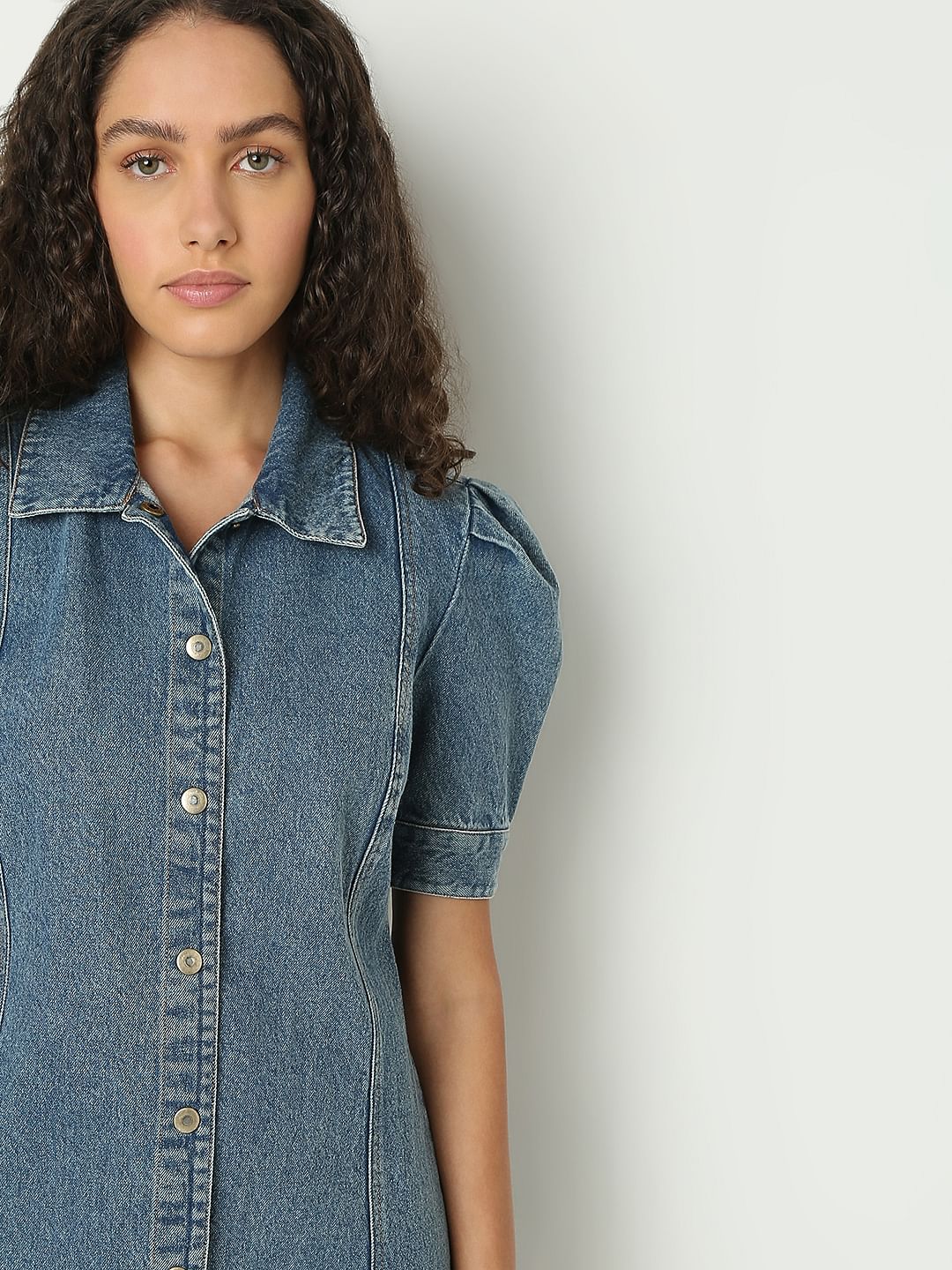 Blue Puffed Sleeves Denim Dress - Image 6