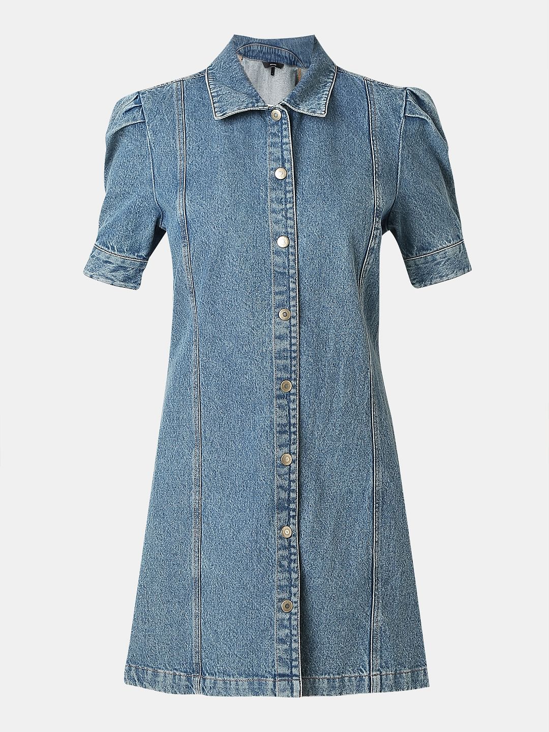Blue Puffed Sleeves Denim Dress - Image 7