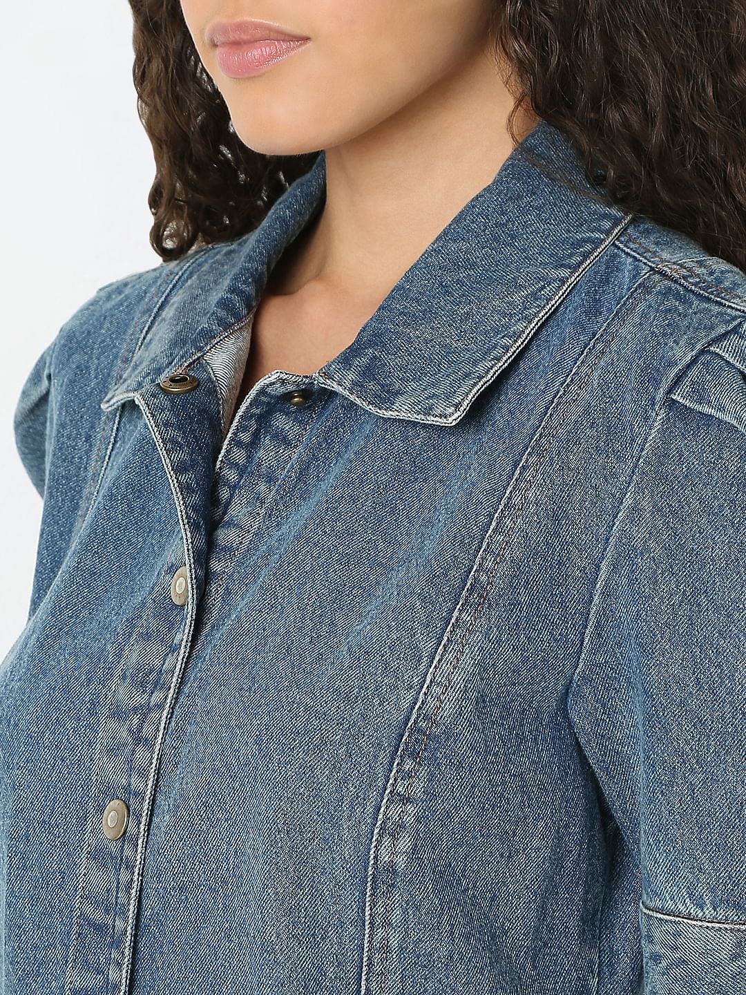 Blue Puffed Sleeves Denim Dress - Image 8