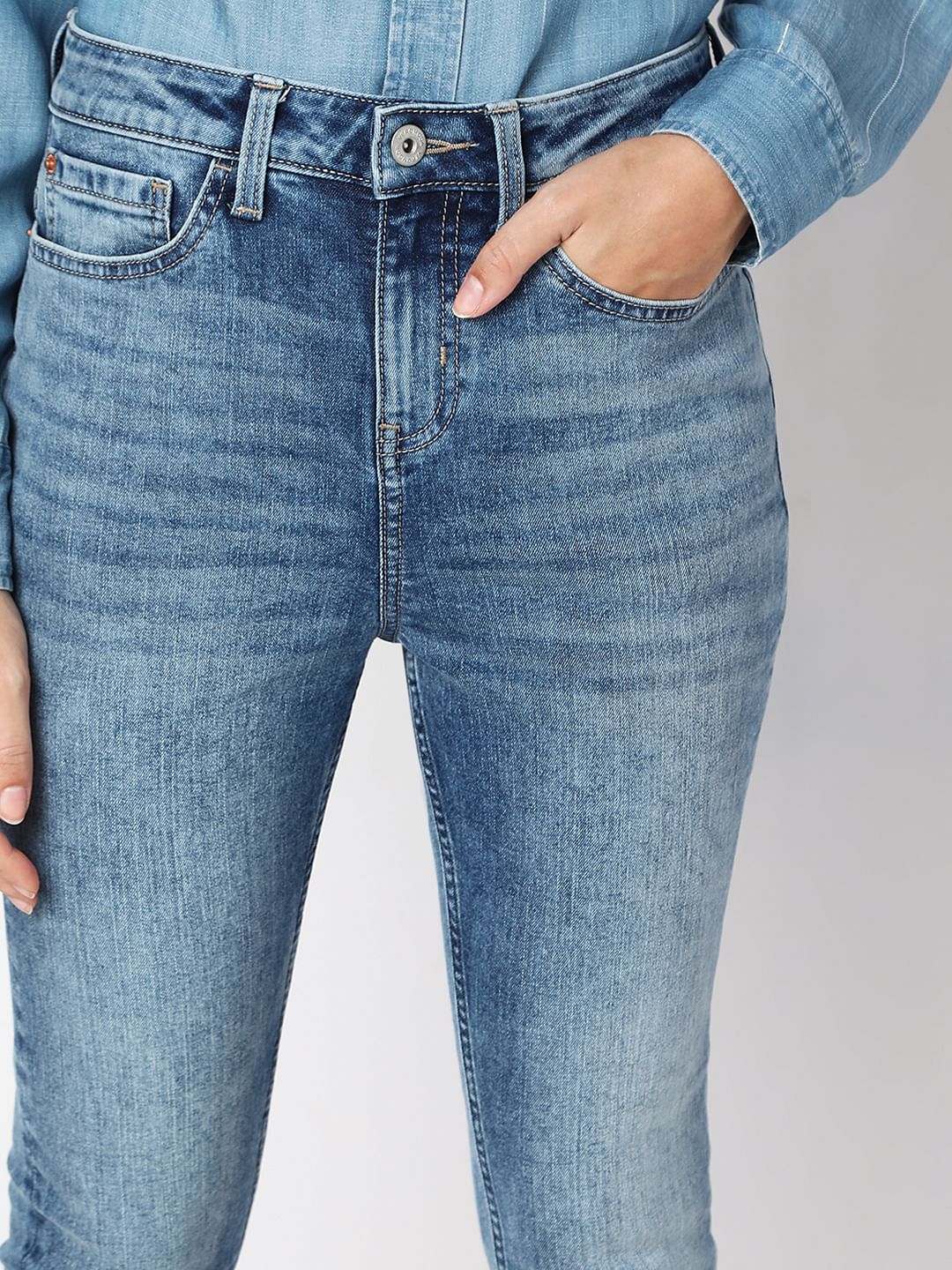 Blue Mid Rise Faded Skinny Fit Jeans - Image 6